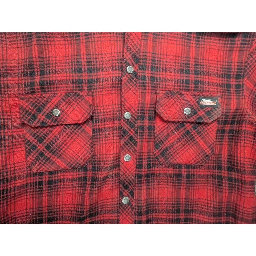Dickies Plaid Flannel Jacket Fleece‎ Lined Mens Medium Red Check Snap Up Hoodie